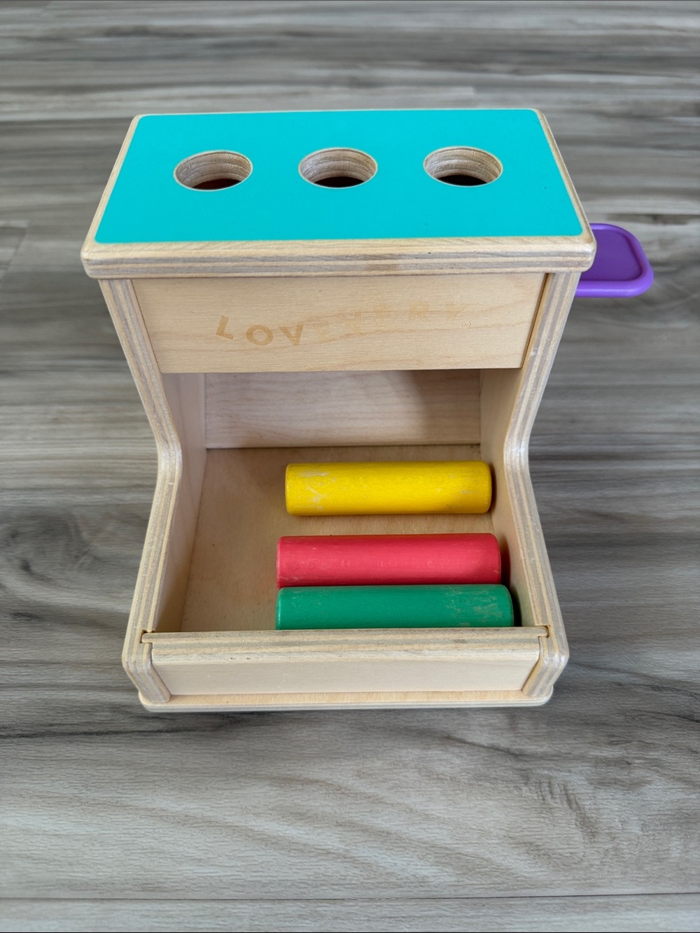Lovevery Wooden Peg Drop Toy - Yellow, Red & Green Pegs